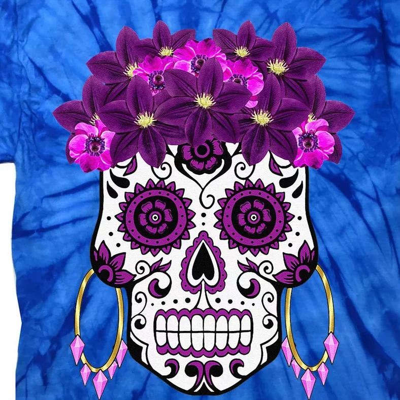 Dia De Los Muertos Purple Floral Sugar Skull Tie-Dye T-Shirt