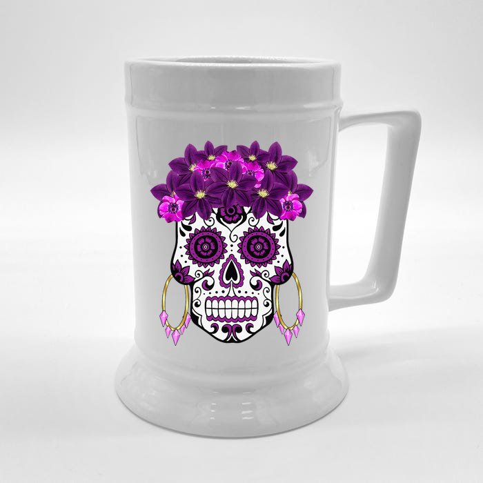 Dia De Los Muertos Purple Floral Sugar Skull Front & Back Beer Stein