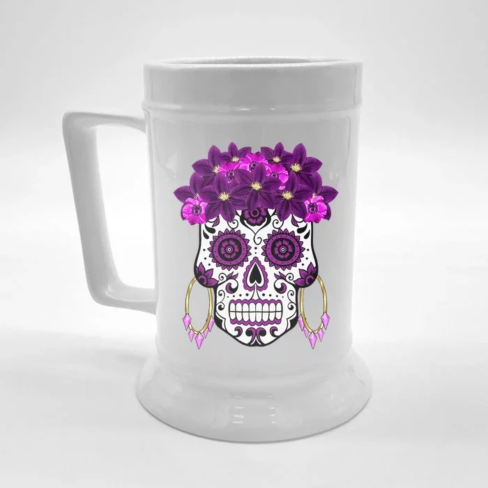 Dia De Los Muertos Purple Floral Sugar Skull Front & Back Beer Stein