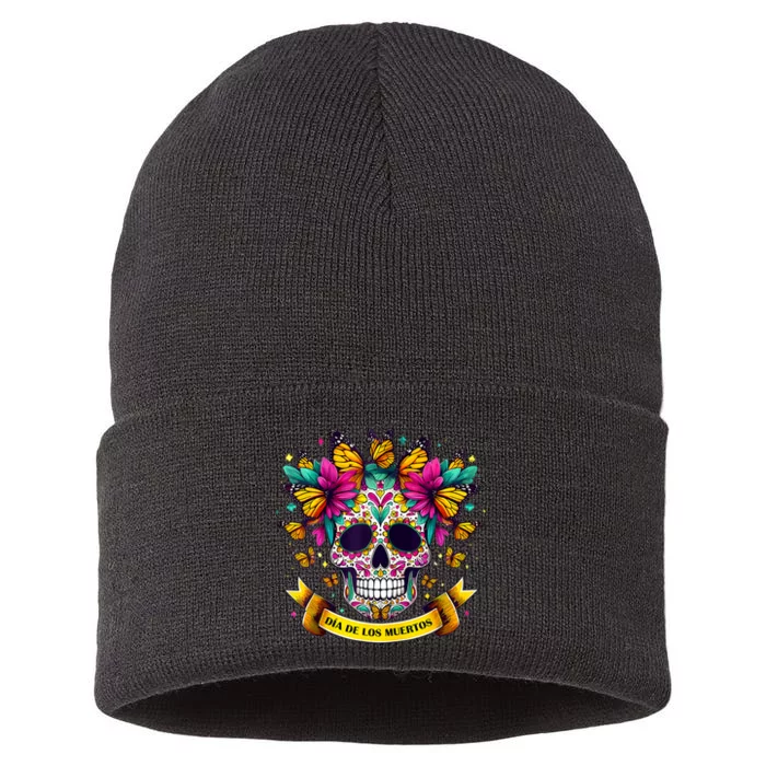 Dia De Los Muertos Sugar Skull Flowers For Women Sustainable Knit Beanie