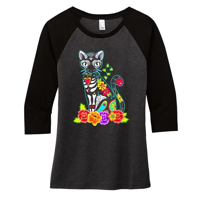 Dia De Los Muertos Cat Figurine Day Of The Dead Funny Women's Tri-Blend 3/4-Sleeve Raglan Shirt