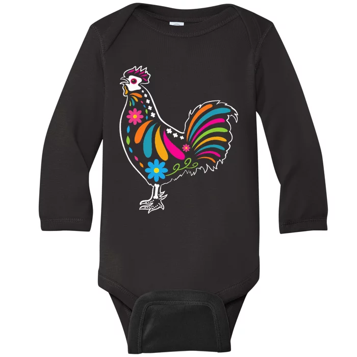 Dia De Los Muertos Halloween Sugar Skull Rooster Baby Long Sleeve Bodysuit