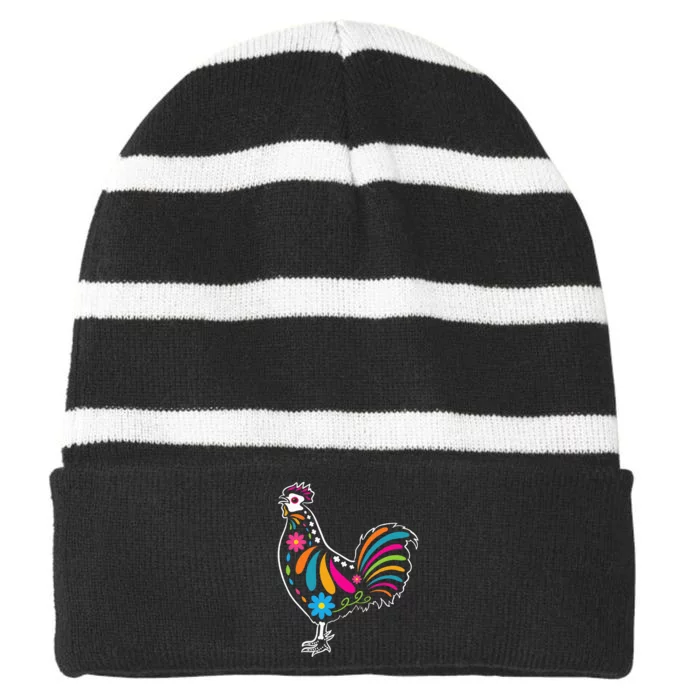 Dia De Los Muertos Halloween Sugar Skull Rooster Striped Beanie with Solid Band