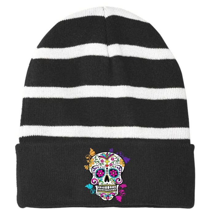 Dia De Los Muertos Sugar Skull Striped Beanie with Solid Band