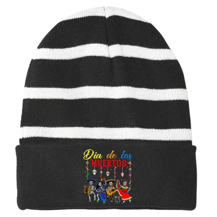 Dia De Los Muertos Day Of The Dead Mexican Skeleton Dancing Design Striped Beanie with Solid Band