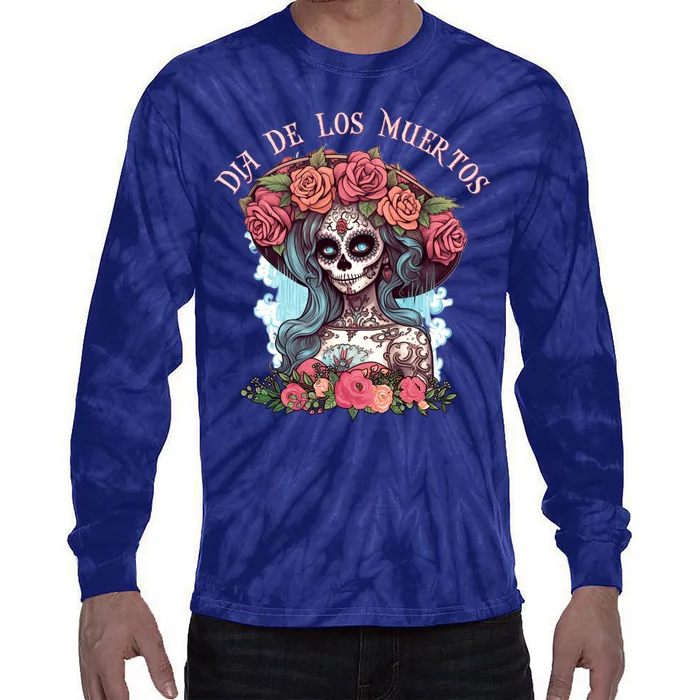 Dia De Los Muertos Floral Woman Tie-Dye Long Sleeve Shirt