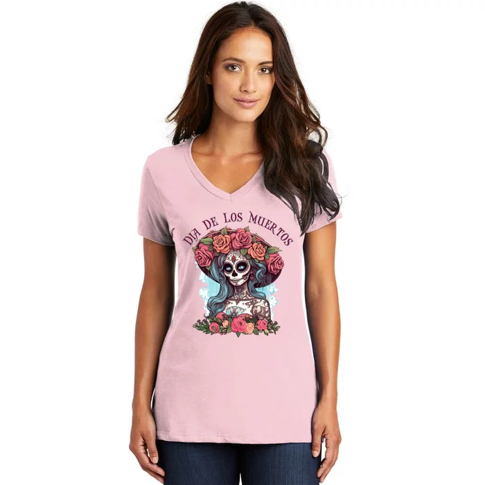 Dia De Los Muertos Floral Woman Women's V-Neck T-Shirt