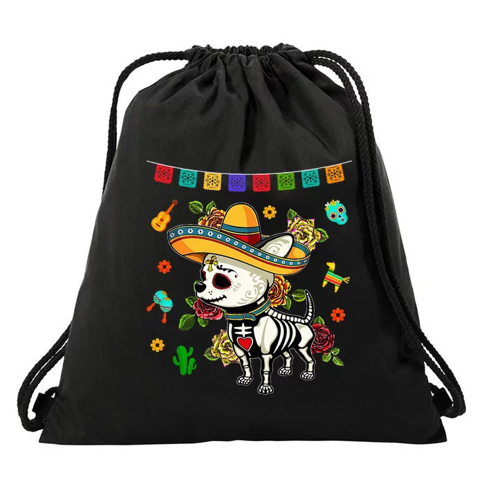 Dia De Los Muertos Day Of Dead Mexican Sugar Skull Chihuahua Drawstring Bag