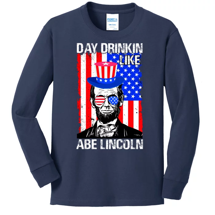 Day Drinkin Like Abe Lincoln USA Flag Merica Funny 4th Of July Kids Long Sleeve Shirt