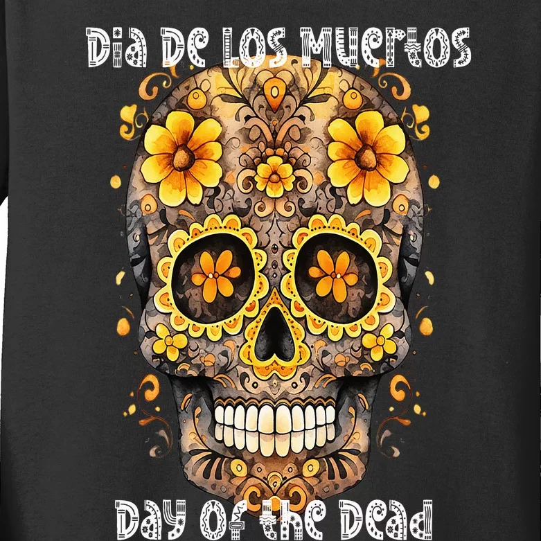 Dia De Los Muertos Sugar Skull Flowers Day of the Dead Kids Long Sleeve Shirt