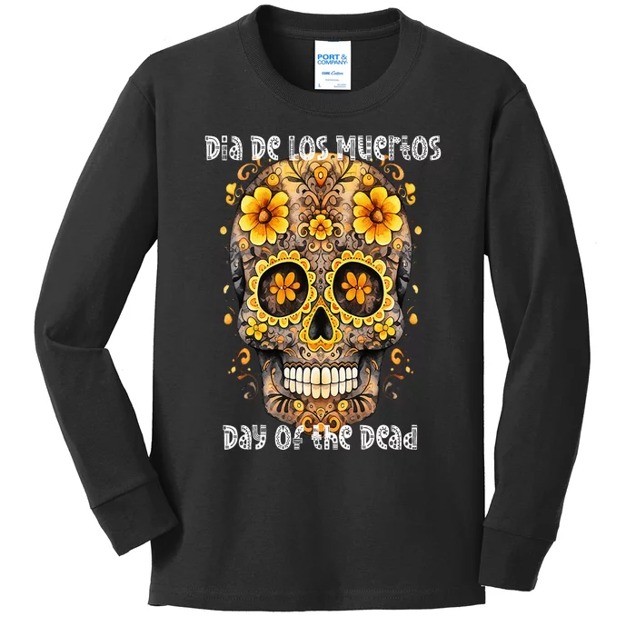 Dia De Los Muertos Sugar Skull Flowers Day of the Dead Kids Long Sleeve Shirt