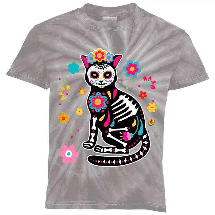 Dia De Los Muertos Cat Mexican Sugar Skull Day Of Dead Kids Tie-Dye T-Shirt