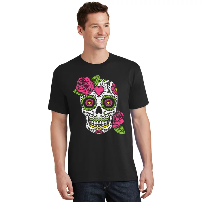 Dia De Los Muertos Mexican Halloween Pink Rose Skull T-Shirt