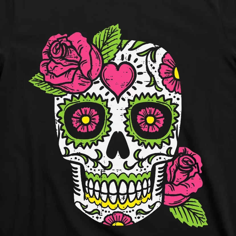 Dia De Los Muertos Mexican Halloween Pink Rose Skull T-Shirt