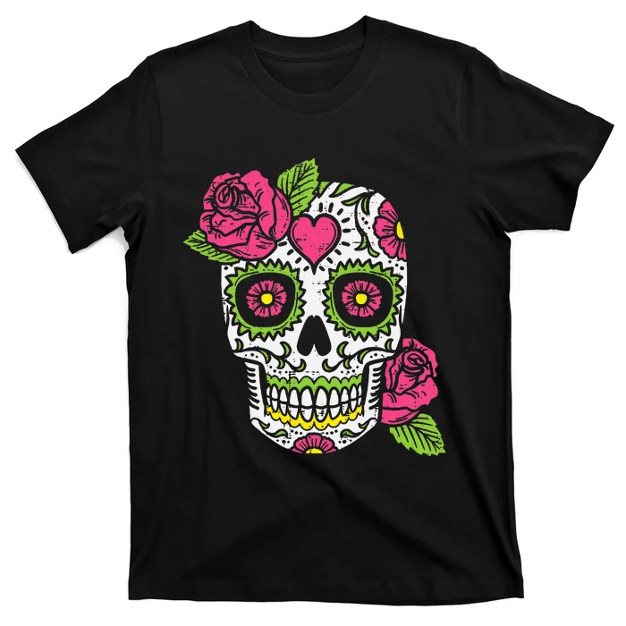 Dia De Los Muertos Mexican Halloween Pink Rose Skull T-Shirt