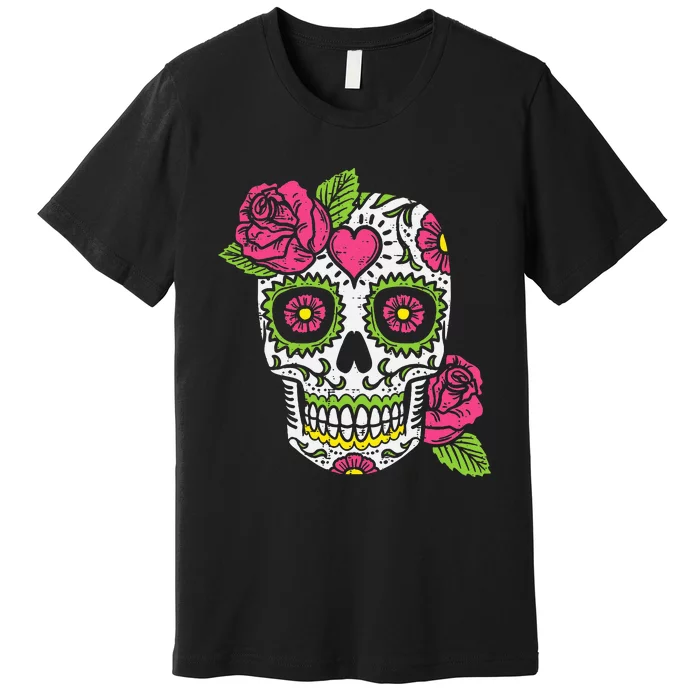 Dia De Los Muertos Mexican Halloween Pink Rose Skull Premium T-Shirt