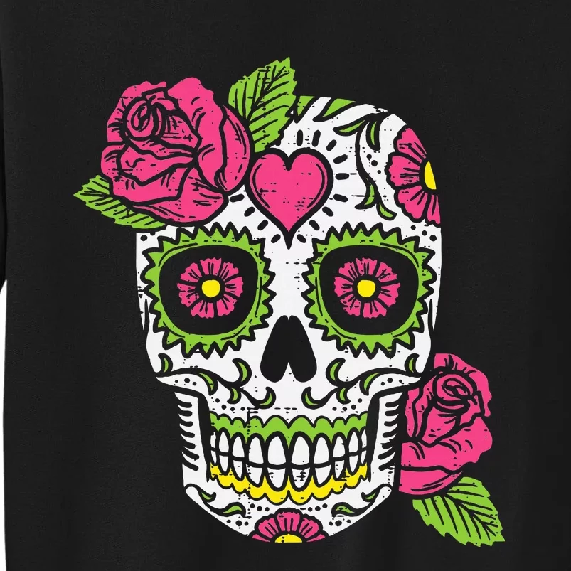 Dia De Los Muertos Mexican Halloween Pink Rose Skull Tall Sweatshirt