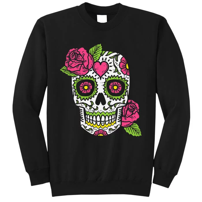 Dia De Los Muertos Mexican Halloween Pink Rose Skull Tall Sweatshirt