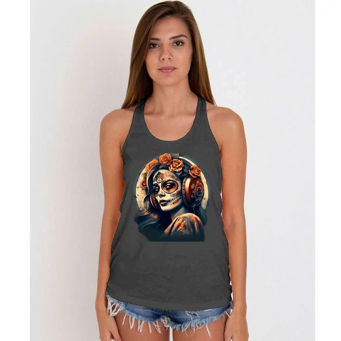 Dia De Los Muertos Calavera Retro Bomber Pinup Sugar Skull Women's Knotted Racerback Tank