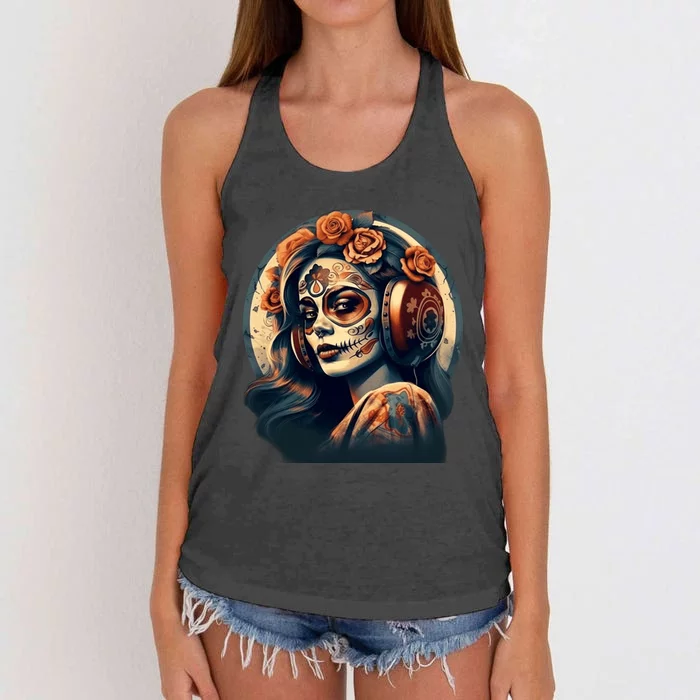 Dia De Los Muertos Calavera Retro Bomber Pinup Sugar Skull Women's Knotted Racerback Tank