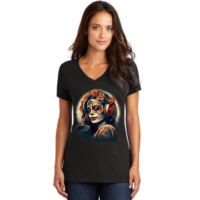 Dia De Los Muertos Calavera Retro Bomber Pinup Sugar Skull Women's V-Neck T-Shirt