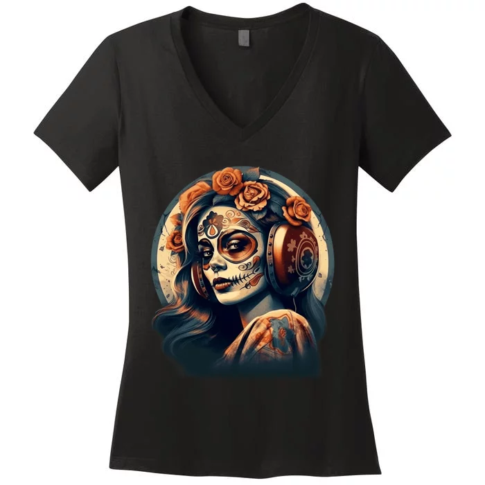 Dia De Los Muertos Calavera Retro Bomber Pinup Sugar Skull Women's V-Neck T-Shirt