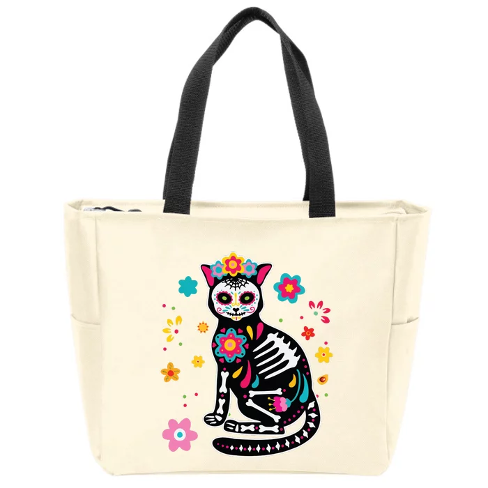 Dia De Los Muertos Cat Sugar Skull Mexican Day Of Dead Zip Tote Bag