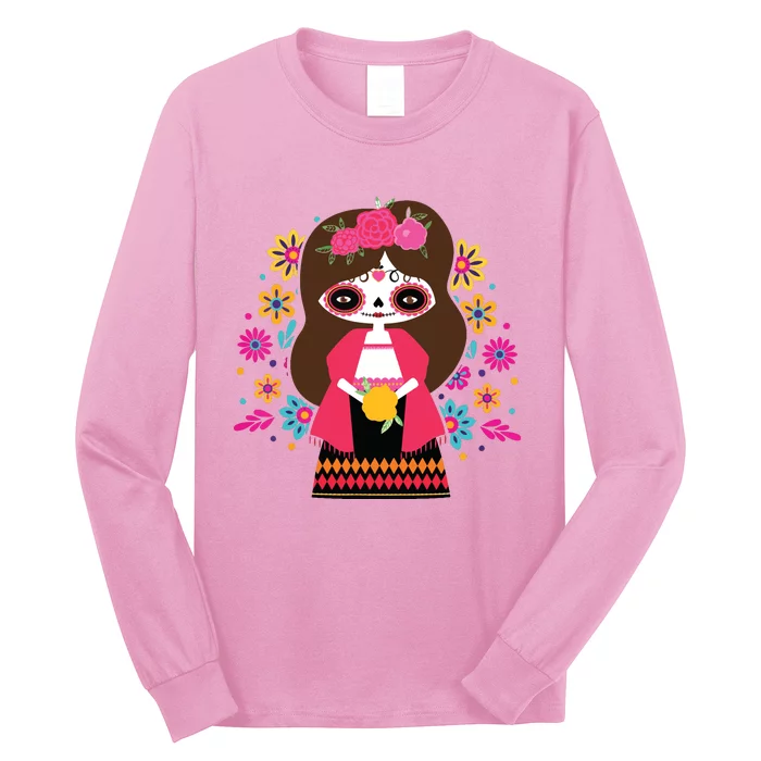 Dia De Los Muertos Mexican Kids Girl Sugar Skull Long Sleeve Shirt