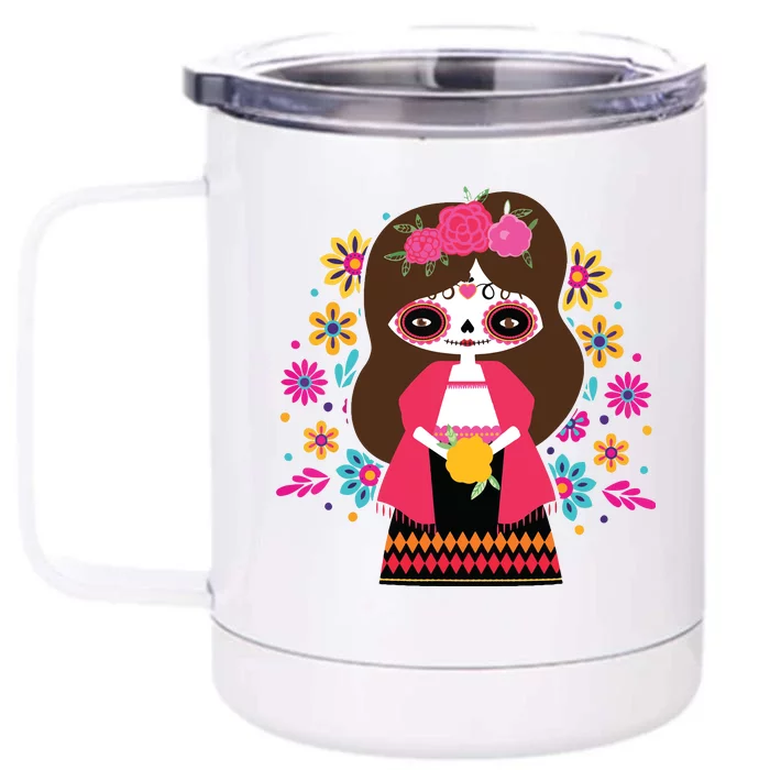 Dia De Los Muertos Mexican Kids Girl Sugar Skull Front & Back 12oz Stainless Steel Tumbler Cup