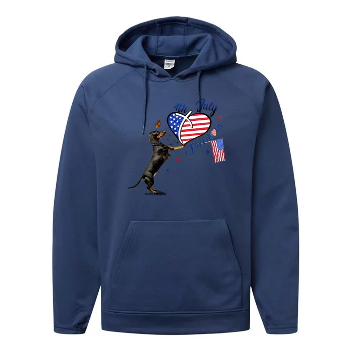 Dachshund Drawing Love America 4th Of July Freedom Day Funny Gift Performance Fleece Hoodie