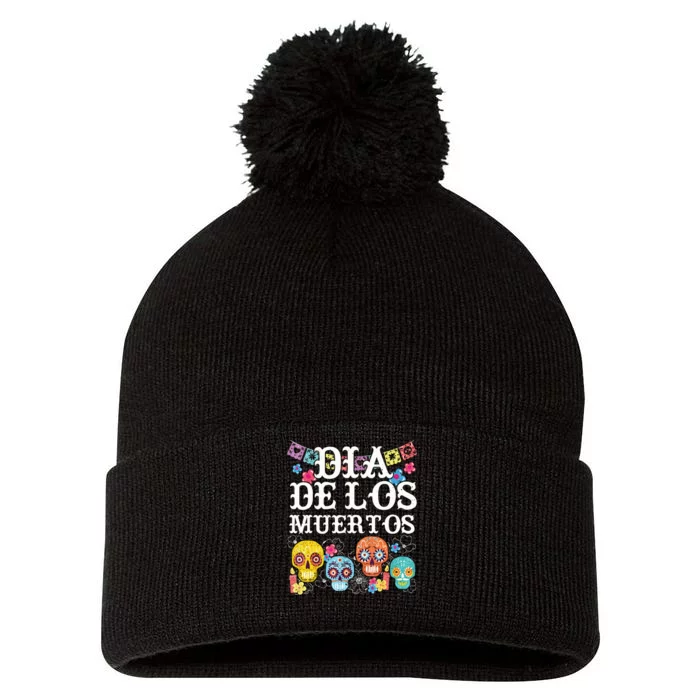 Dia De Los Muertos Sugar Skull Mexican Holiday Pom Pom 12in Knit Beanie