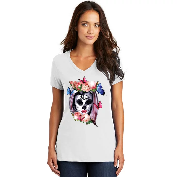 Dia De Los Muertos Sugar Skull Catrina Day Of The Dead Women's V-Neck T-Shirt