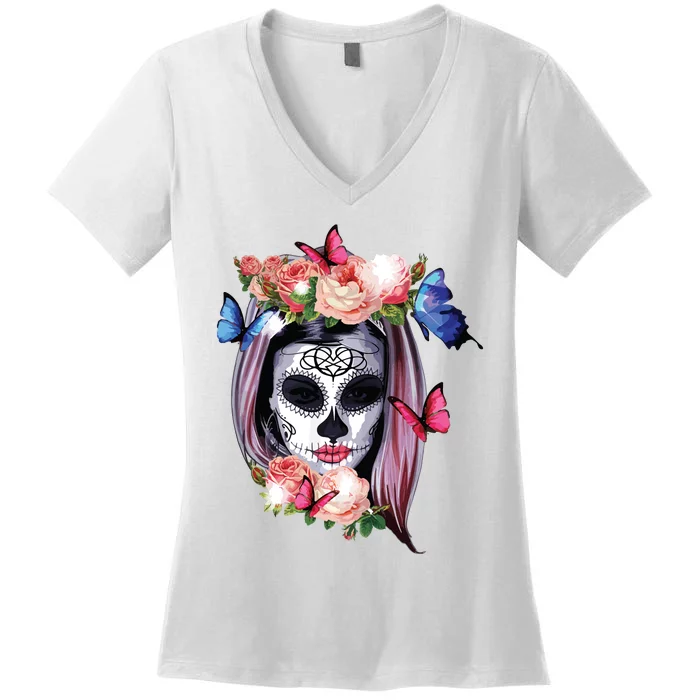 Dia De Los Muertos Sugar Skull Catrina Day Of The Dead Women's V-Neck T-Shirt