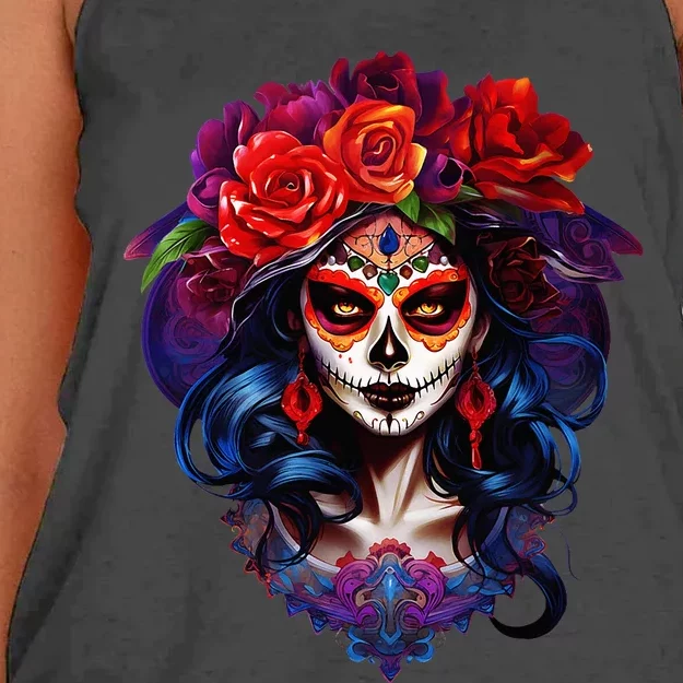 Dia De Los Muertos 2024 Sugar Skull Catrina Day Of The Dead Women's Knotted Racerback Tank