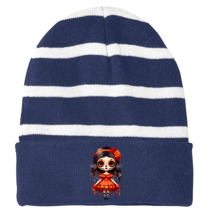 Dia De Los Muertos La Catrina Cute Skeleton Mexican Striped Beanie with Solid Band