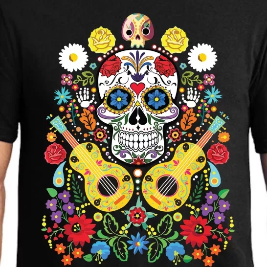 Dia De Los Muertos Day Of The Dead Sugar Skull Guitar Flower Pajama Set