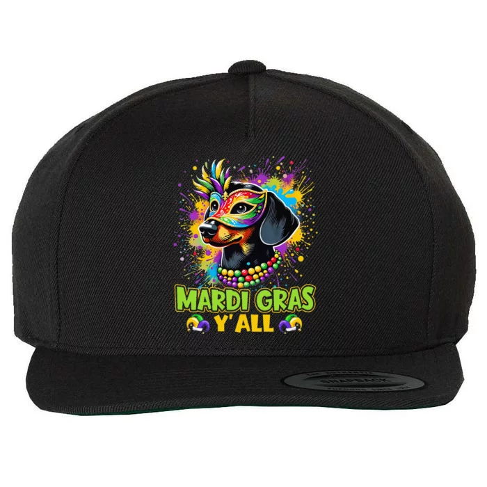 Dachshund Dog Mardi Gras YAll With Beads Mask Colorful Wool Snapback Cap