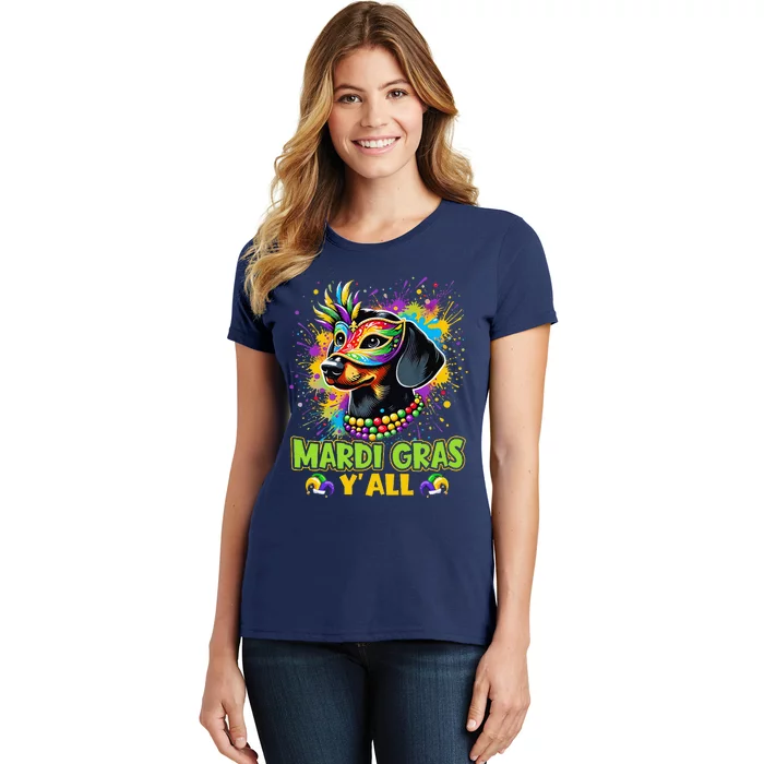 Dachshund Dog Mardi Gras YAll With Beads Mask Colorful Women's T-Shirt