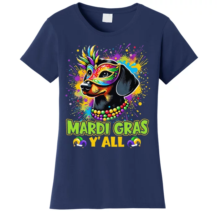 Dachshund Dog Mardi Gras YAll With Beads Mask Colorful Women's T-Shirt