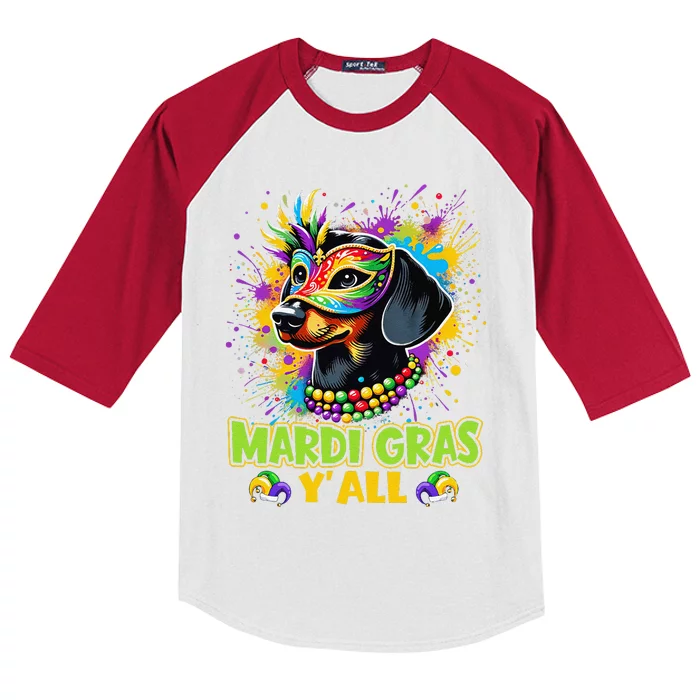 Dachshund Dog Mardi Gras YAll With Beads Mask Colorful Kids Colorblock Raglan Jersey