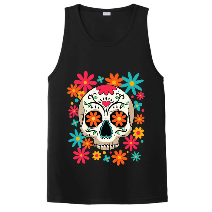 Dia De Muertos Day of The Dead Floral Sugar Skull Performance Tank