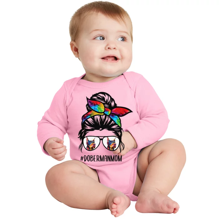 Doberman dog mom messy bun hair glasses Dobie Mom messy bun Baby Long Sleeve Bodysuit