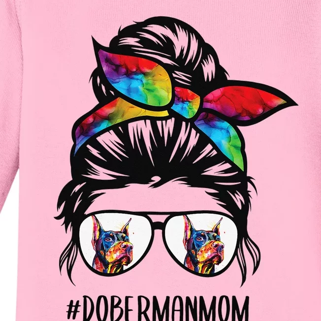 Doberman dog mom messy bun hair glasses Dobie Mom messy bun Baby Long Sleeve Bodysuit