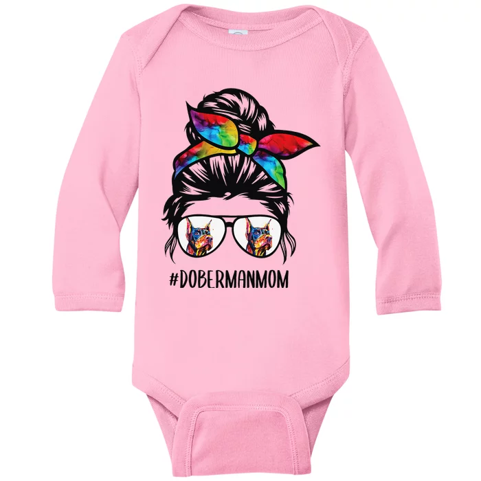 Doberman dog mom messy bun hair glasses Dobie Mom messy bun Baby Long Sleeve Bodysuit