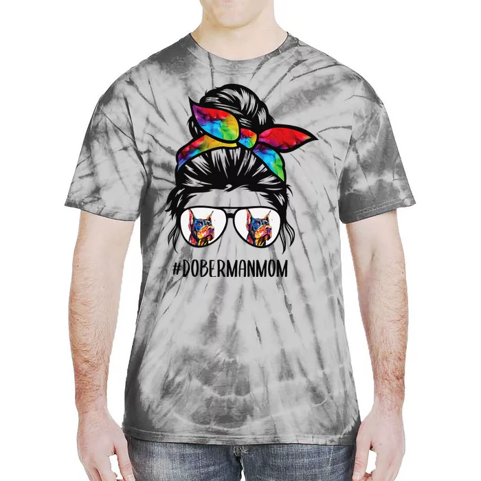 Doberman dog mom messy bun hair glasses Dobie Mom messy bun Tie-Dye T-Shirt