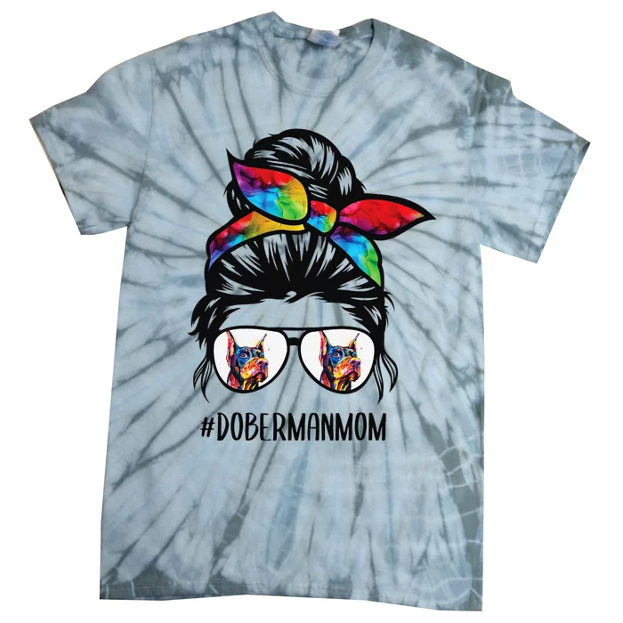 Doberman dog mom messy bun hair glasses Dobie Mom messy bun Tie-Dye T-Shirt