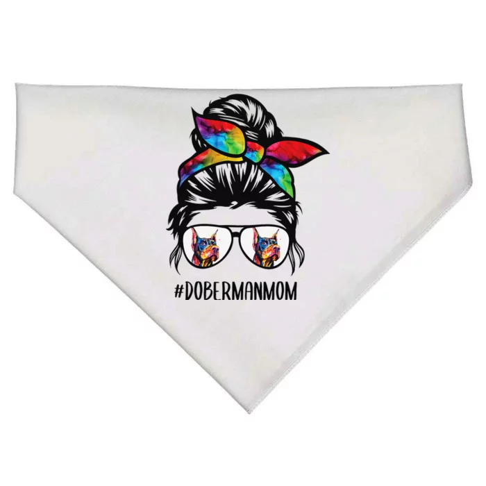 Doberman dog mom messy bun hair glasses Dobie Mom messy bun USA-Made Doggie Bandana