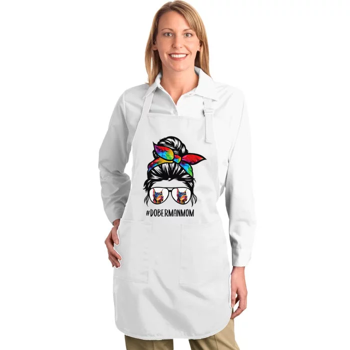 Doberman dog mom messy bun hair glasses Dobie Mom messy bun Full-Length Apron With Pocket