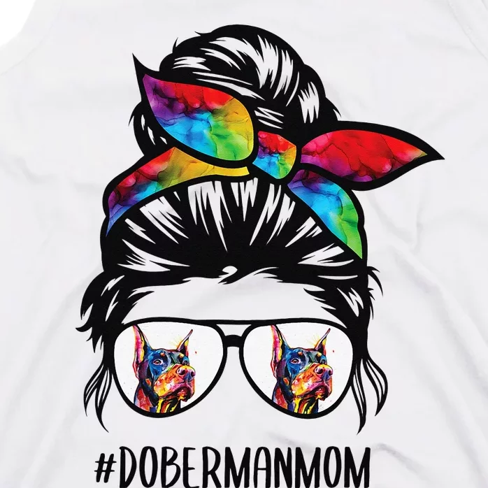 Doberman dog mom messy bun hair glasses Dobie Mom messy bun Tank Top