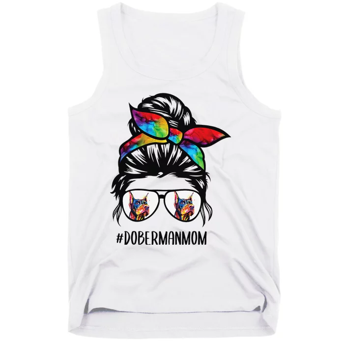 Doberman dog mom messy bun hair glasses Dobie Mom messy bun Tank Top